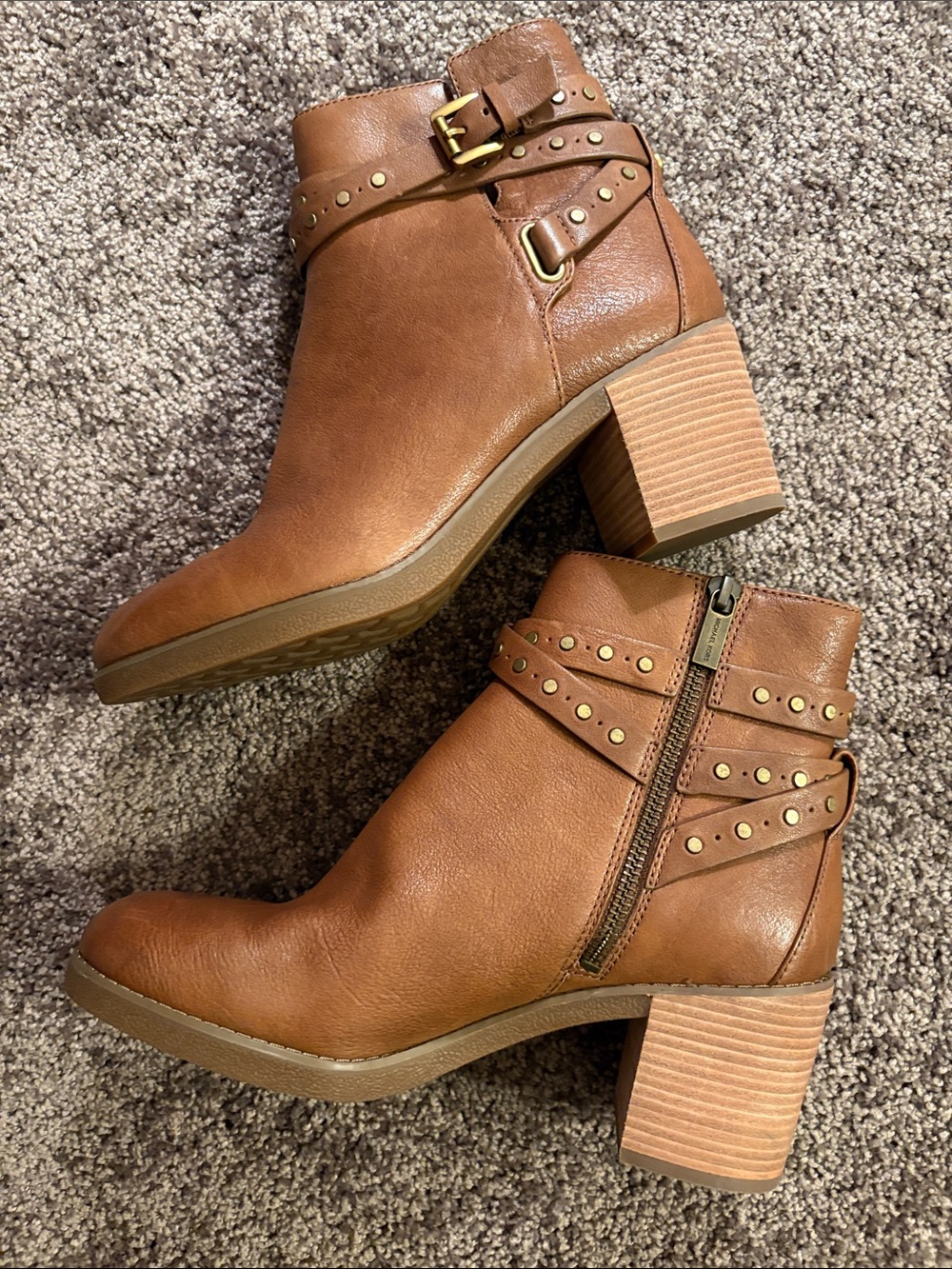 NWOT Michael Kors Cognac Leather Ankle Boots w/Studded Strap & Buckle Detail 7.5